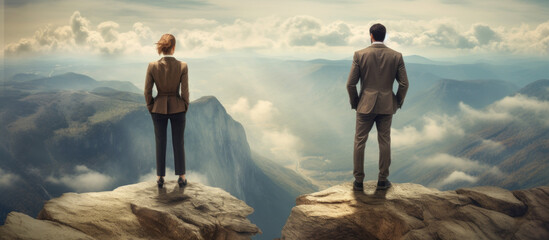 A man and a woman standing on a mountaintop, symbolising opportunity and growth. Generative AI.