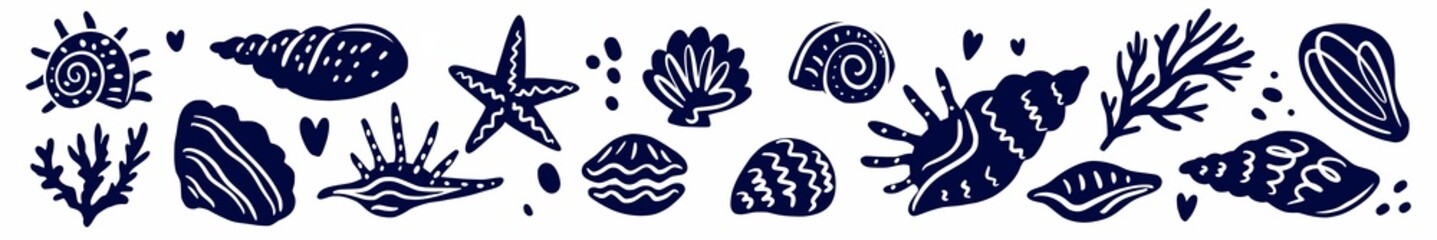 Horizontal illustration of a collection of hand-drawn shells in the doodle style