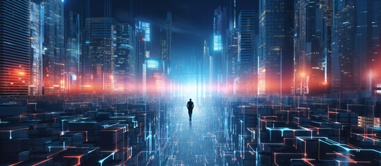 A man walking in a futuristic cityscape, cyberpunk vibe. Generative AI.