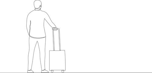 One continuous line drawing of a tourist with luggage is waiting for transport. Traveler with suitcase on vacation. Traveling man with luggage. Single line drawn isolated on white background.