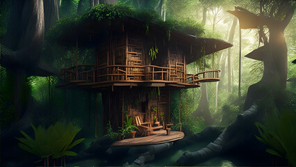 Bamboo and Banyan Tree Treehouses with Running Water Create With Generative AI Technology