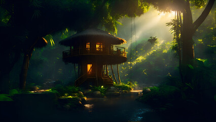 Secluded Treehouses in a Jungle Oasis Create With Generative AI Technology