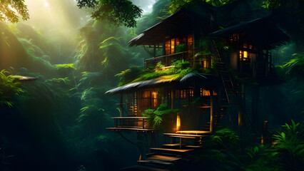Eco-Friendly Treehouses with Banyan Trees and Waterfalls Create With Generative AI Technology
