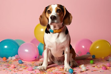 Dog's birthday party. A dog in a cap and balloons next to a cake with candles. Holiday with a pet, carnival, fun. Postcard, Space for text. pastel colors, image generated by AI