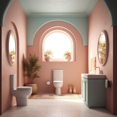 Fototapeta na wymiar Luxurious toilette wc in pastel colors with mirrors and plants. wc in pastel colors with mirrors and plants. Generative AI.