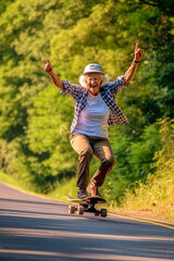 Obraz premium A happy and smiling elderly woman skateboarding along a road, wearing a casual outfit - ai generative