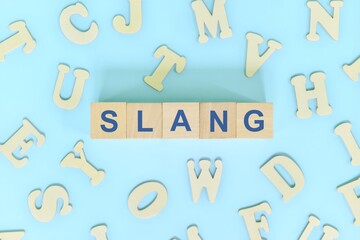 Slang in speech and language concept. Wooden blocks typography word flat lay in blue background.