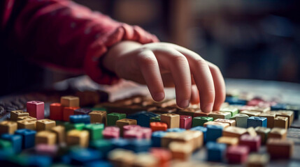 A close-up of a child's hands playing with colorful blocks - ai generative