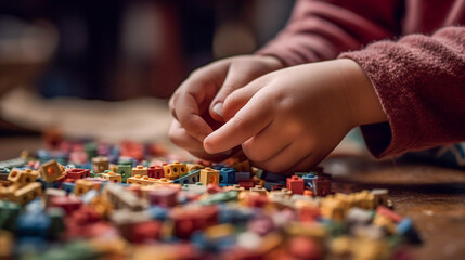 A close-up of a child's hands playing with colorful blocks - ai generative