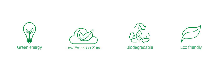 green energy, eco friendly,  low emission zone, biodegradable icons vector illustration 