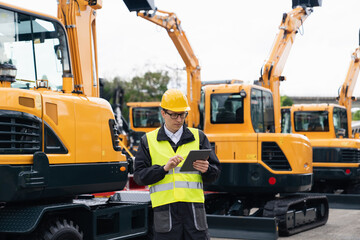 Engineer in a helmet with a digital tablet stands next to construction excavators