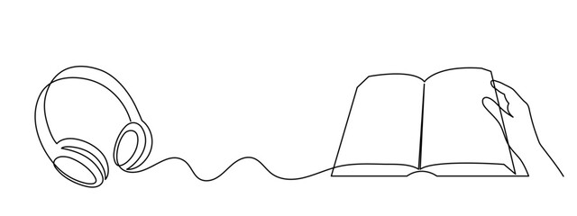Headphone and book one line art,hand drawn audio reading device,listening audiobook wireless gadget continuous contour.Education and studying concept,technology for audition text outline.Editable