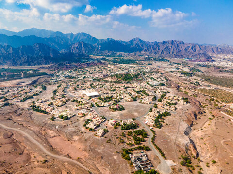 Hatta town aerial cityscape in Dubai emirate of the UAE