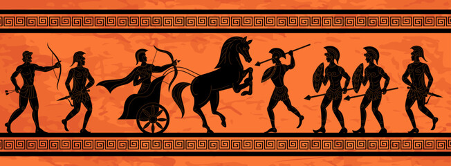 Mythology battle. Greek ornament. Ancient mural. People civilization. Myth on ceramic amphora. Warrior or hunting in Athens. Men with bows and spears. Vector tidy culture background - obrazy, fototapety, plakaty