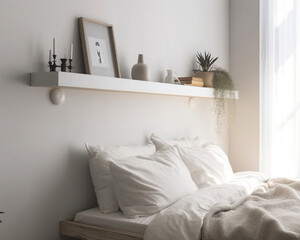 a white wall with a white shelf with a photo frame and various pegs. white shelf bedroom
generated by AI