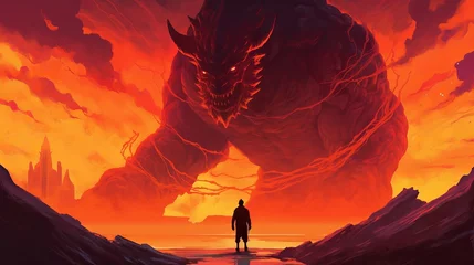 Gardinen a person standing in front of a giant demon in the fiery sky, 32k uhd, rough, high resolution, fire in the mountains, wallpaper, Generative AI © Ameer