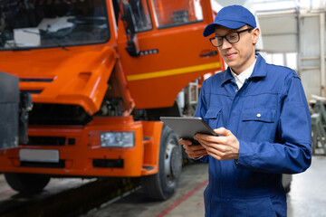 Serviceman with digital tablet on the background of the truck in the garage	