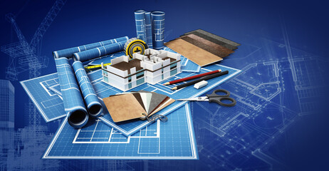 Home decorating tools standing on house bluprints. 3D illustration