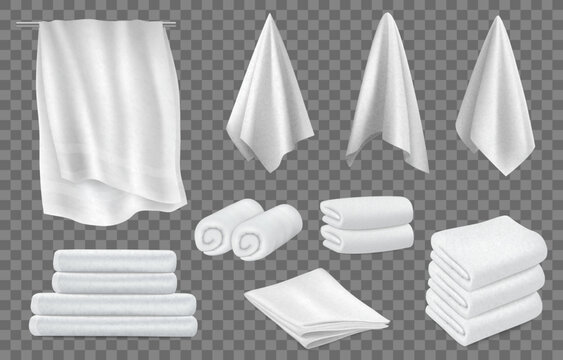 3d blanket and towel, white cloth. Hang bath cotton, fluffy folded rolls, spa pile, hygienic toilet terry objects on holder. Home or hotel washcloth. Vector neoteric realistic template