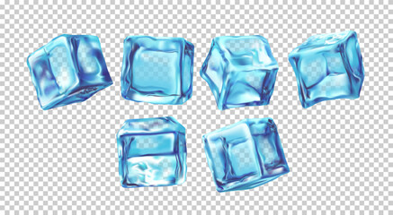 3d ice cubes. Freeze blocks for cocktail and drinks, realistic frosty glass, square crystals for beverage, melt and frost water. Transparent elements various angles view vector exact isolated set