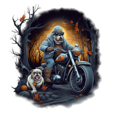 A spooky English Bulldog Motorcycle T-shirt Design with a bulldog wearing a witch hat and riding a motorcycle through a creepy and haunted forest, Generative Ai