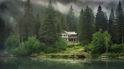 Obraz premium photography of a lonely house on the shore of a lake in the mountains, the house stands in a forest among tall green pines and firs, house on the lake, Generative AI