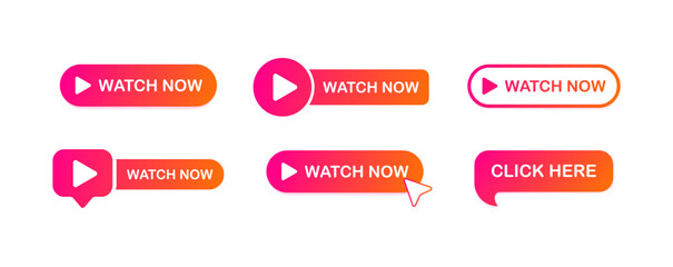 Watch now. Flat, color, watch now button. Vector icons. - obrazy, fototapety, plakaty