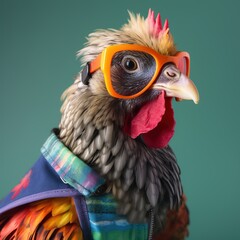 A really cool chicken with a colored life vest