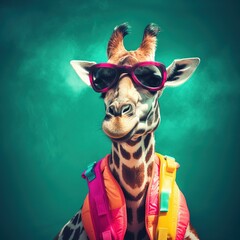 A giraffe with sunglasses and a life vest