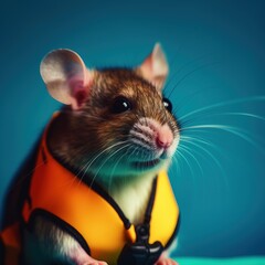 A mouse with sunglasses and a life vest
