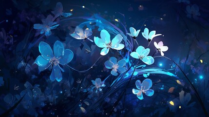 Blue flowers in the dark with stars in the sky, made of crystals, detailed illustrations, 32k uhd, fanciful illustrations, simple designs, wallpaper, Generative AI