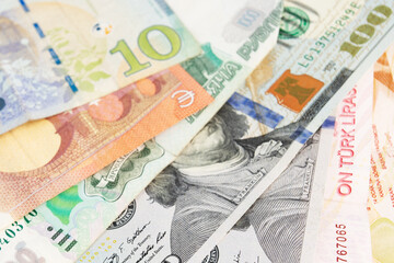 currency exchange, different foreign world money notes background