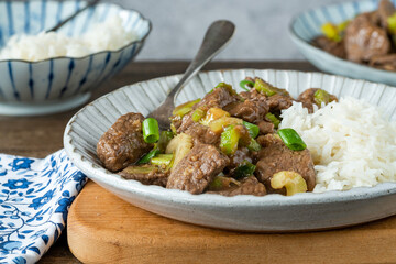 Steak and celery stir fry with rice