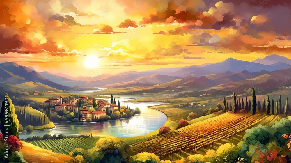 Wall mural the sun breaks through the clouds in this superb scenic tuscany landscape consisting of vineyards an