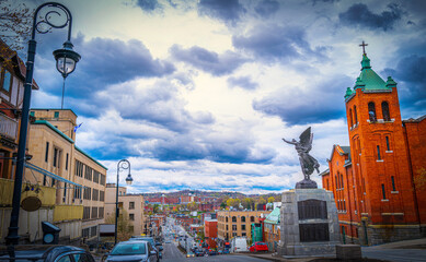 Sherbrooke city skyline, downtown street, St Patrick's Catholic Church and Sherbrooke War Memorial...