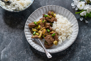Steak and celery stir fry with rice