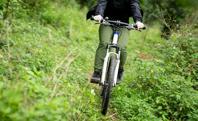 Riding bike in spring forest