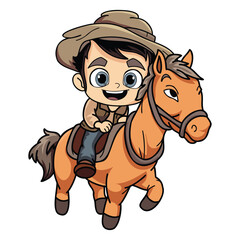 Happy farmer man riding a horse character illustration in doodle style