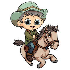 Happy farmer man riding a horse character illustration in doodle style