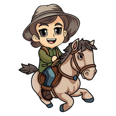 Happy farmer woman riding a horse character illustration in doodle style