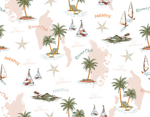 Hand Draw Summer Tropical Palm Tree Island Resort Seamless Pattern summer fruits - 599812734