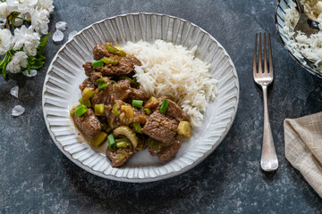 Steak and celery stir fry with rice