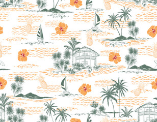 Hand Draw Summer Tropical Palm Tree Island Resort Seamless Pattern summer fruits - obrazy, fototapety, plakaty