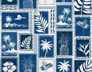 Retro Monotone Blue Tropical  palm trees silhouettes , Island , Leaves , flower repeat in retro style. - obrazy, fototapety, plakaty