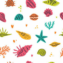 Vector pattern of seashells, hand-drawn in the style of a doodle