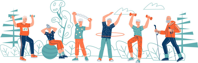 Elderly people exercise outdoors. Senior men and women go in for sports.. Fitness and healthy active lifestyle in old age concept.