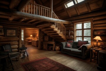 Fototapeta na wymiar Cabin home interior old decor. Generate AI