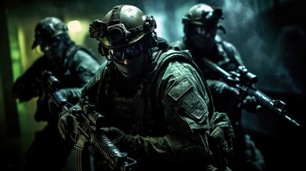 A military special forces team infiltrating a high-security facility, using night vision goggles and suppressed firearms - obrazy, fototapety, plakaty