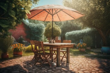 Obraz premium Chairs umbrella outdoors. Generate Ai
