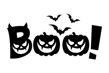 Boo. Halloween boo, cartoon words with pumpkin and bats